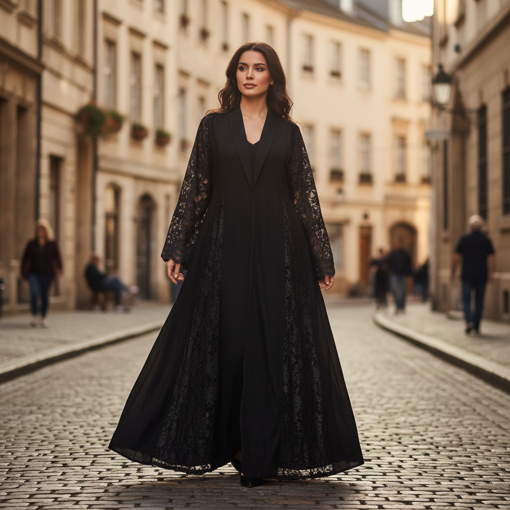 Elegant Black Abaya with Lace Panels and Sequins