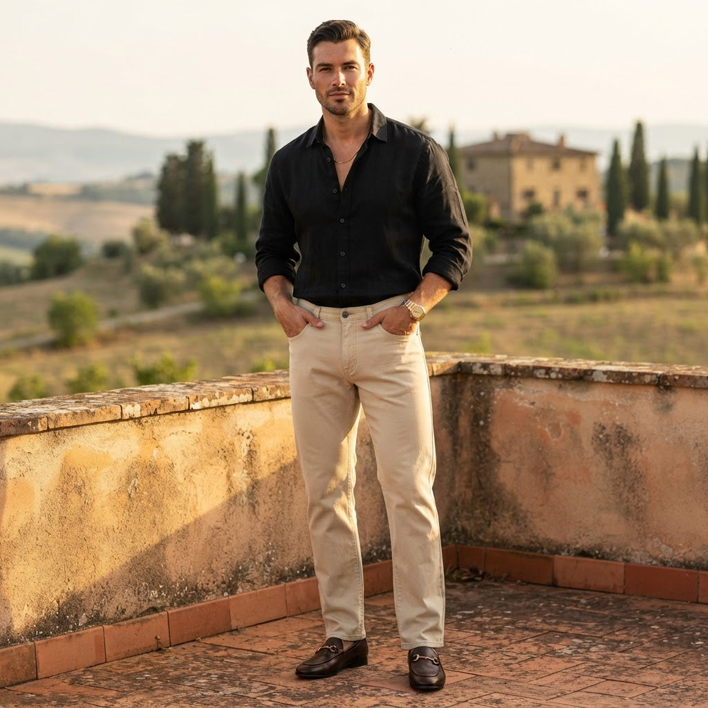 Men's Beige Straight-Leg Cotton Twill Trousers