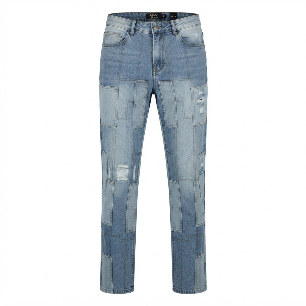 boohooMAN Light Blue Patchwork Distressed Straight Leg Denim