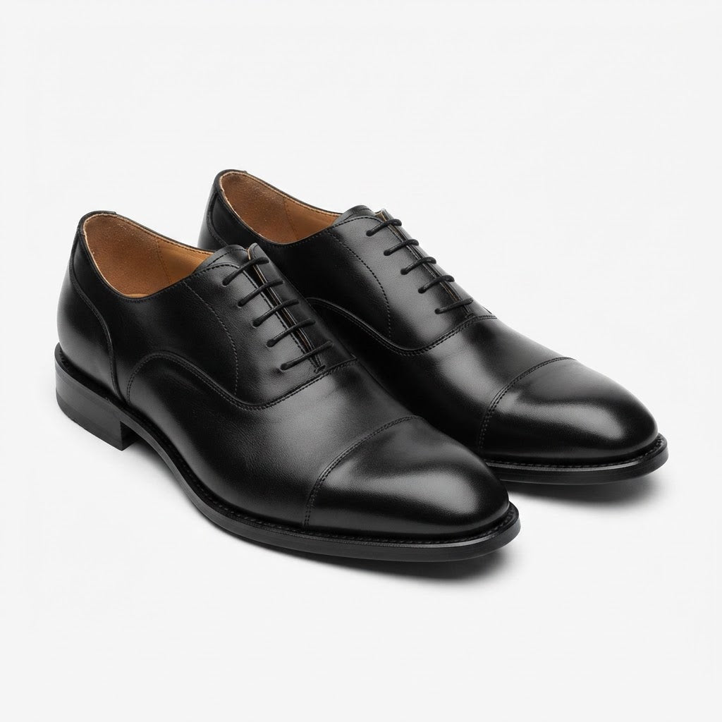 Men's Black Leather Cap-Toe Oxford Dress Shoes