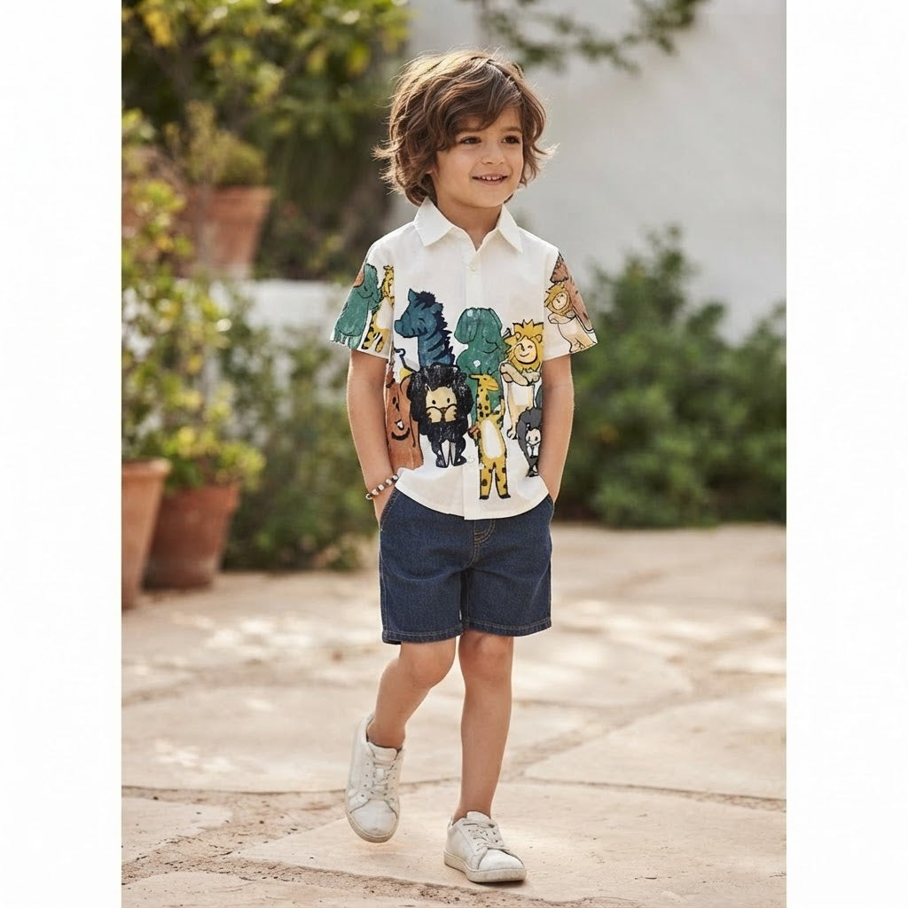 SHEIN White Short-Sleeve Safari Animal Print Kids Shirt