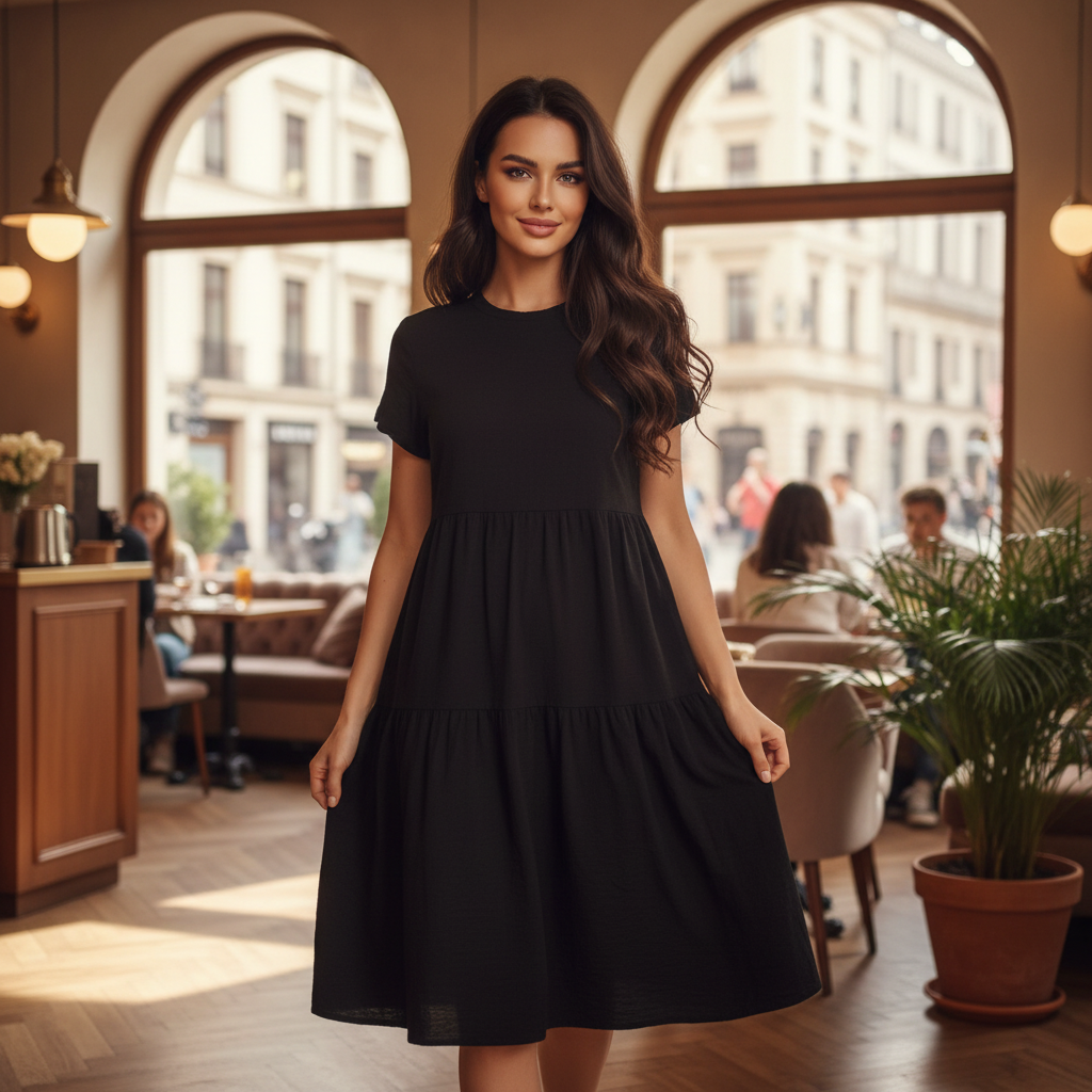 Women's Black V-Neck Tiered Short Sleeve Maxi Dress
