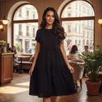 Women's Black V-Neck Tiered Short Sleeve Maxi Dress