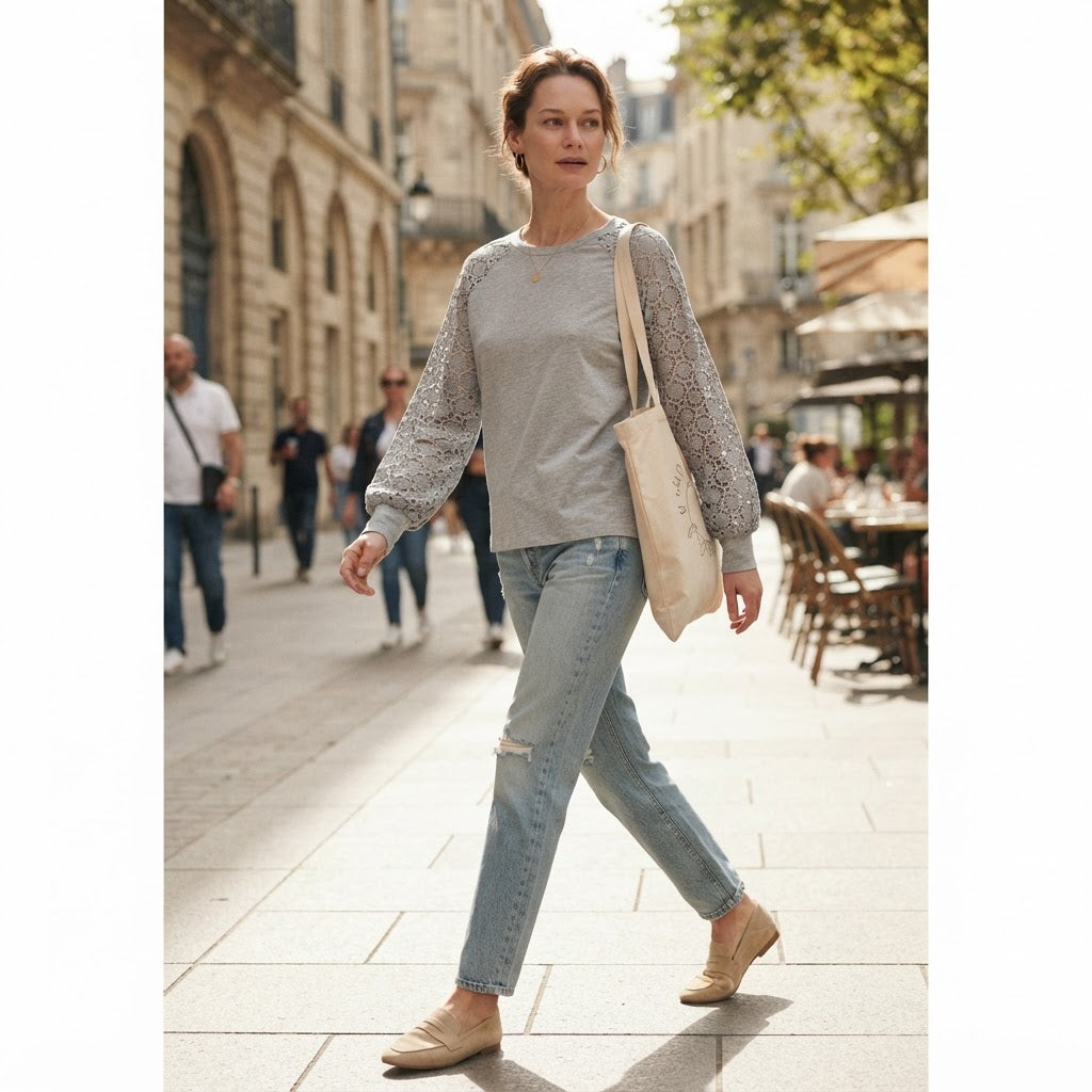 EMERY ROSE Light Heather Grey Top with Crochet Lace Sleeves