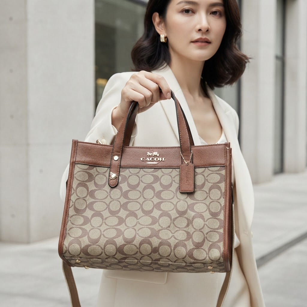 CACOH Brown Monogram Structured Tote Bag