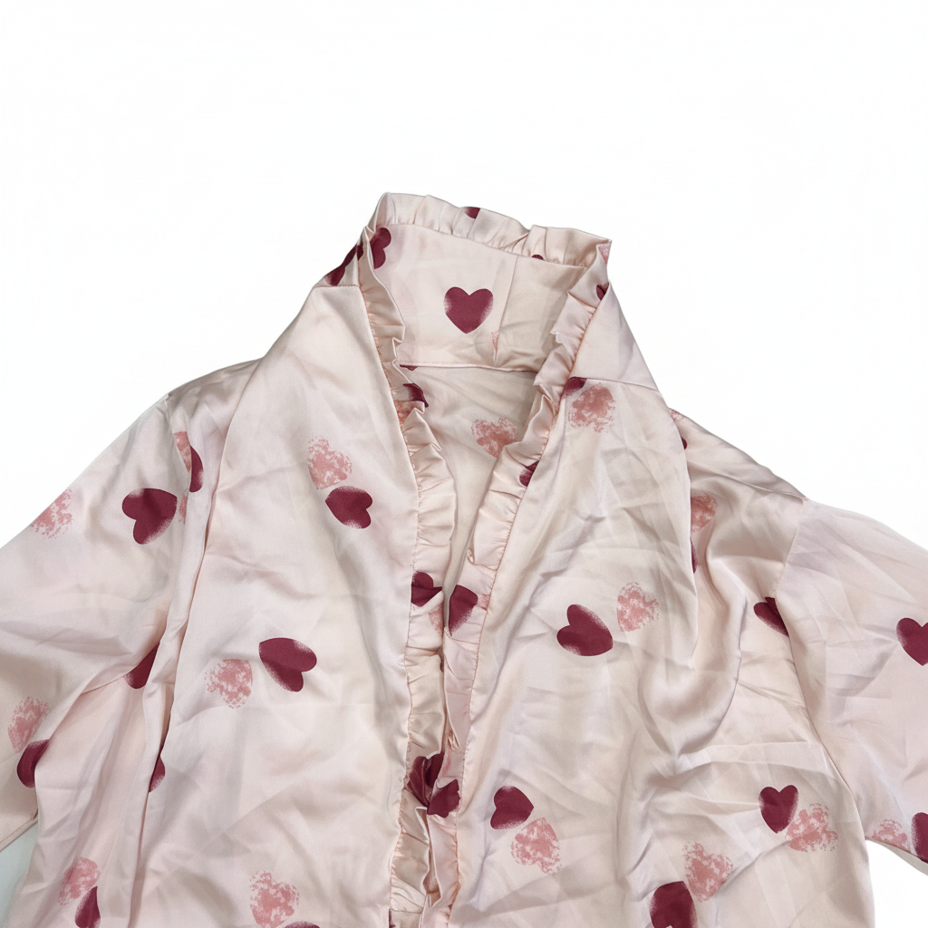 Pink Heart Print Satin Ruffle Trim Robe