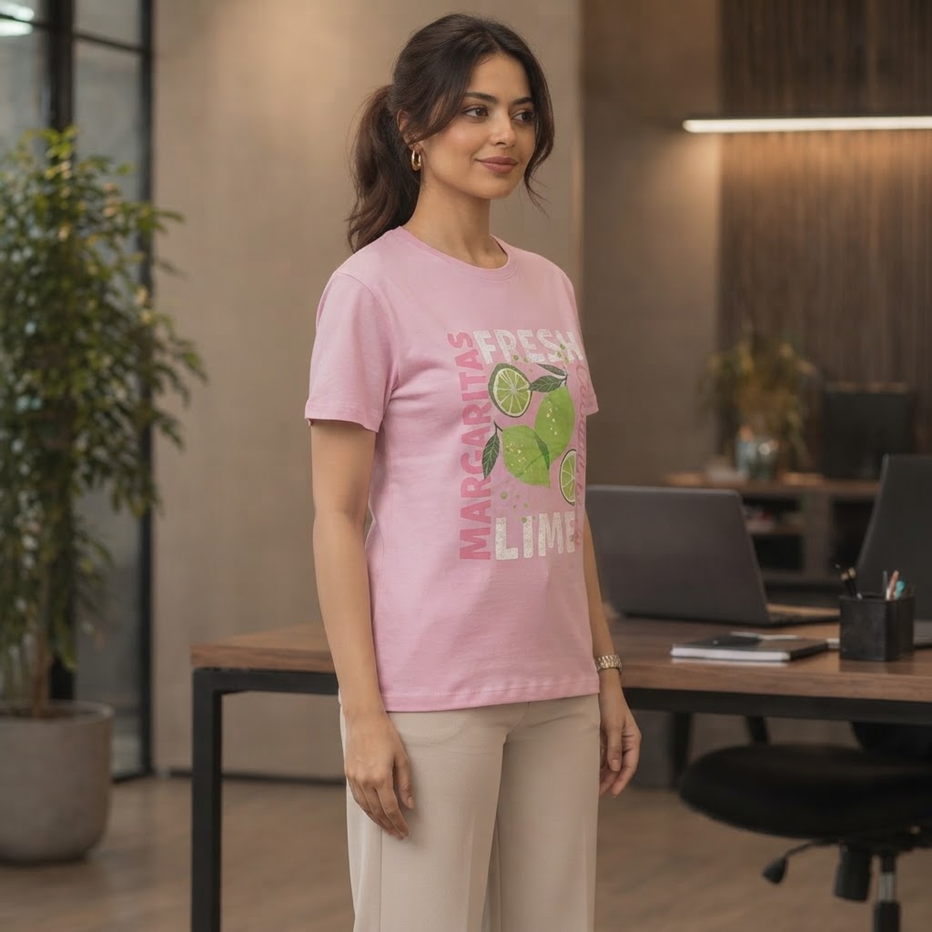 DECJUBA Baby Pink Graphic T-Shirt with Margarita Slogan