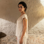Love and Money Beige Gathered Neckline Top with Braided Meta