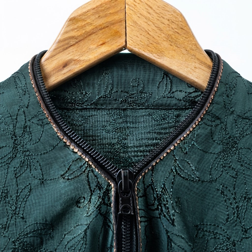 Women's Dark Green Jacquard Zip-Front Long Abaya