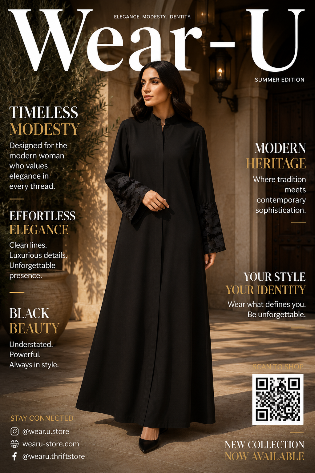 Women's Black Modest Abaya with Velvet Floral Cuffs