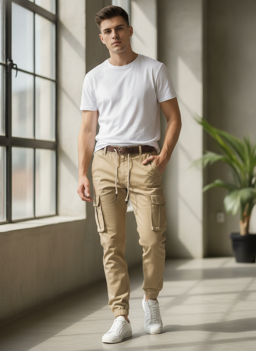 NICENICENIC Khaki Cargo Jogger Trousers with Bellowed Pocket