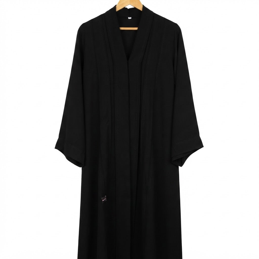 Elegant Black V-Neck Pintuck Abaya Maxi Dress