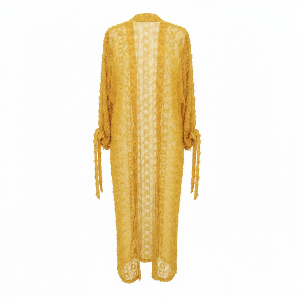 SHEIN Women's Yellow Textured Fringed Long-Line Kimono