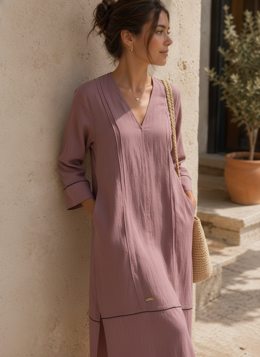 Strive Dusty Mauve Long Kurta with Scalloped Black Trimmed H