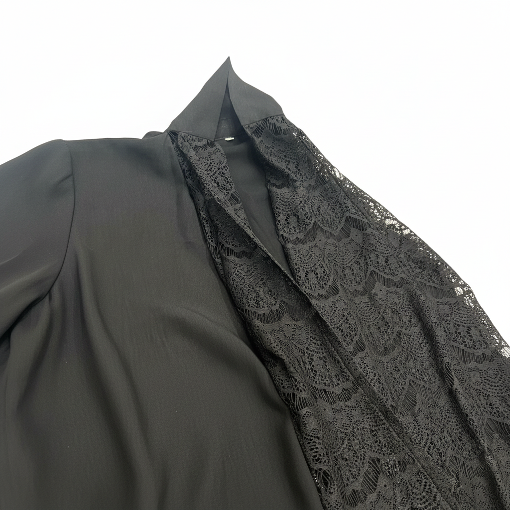 Haya Abaya Black Lace Trim Open Front Long Cardigan