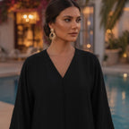 SHADER Deep Navy Black Crepe Abaya with Beaded Butterfly Cuf