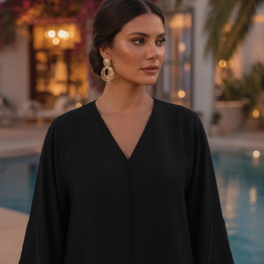 SHADER Deep Navy Black Crepe Abaya with Beaded Butterfly Cuf