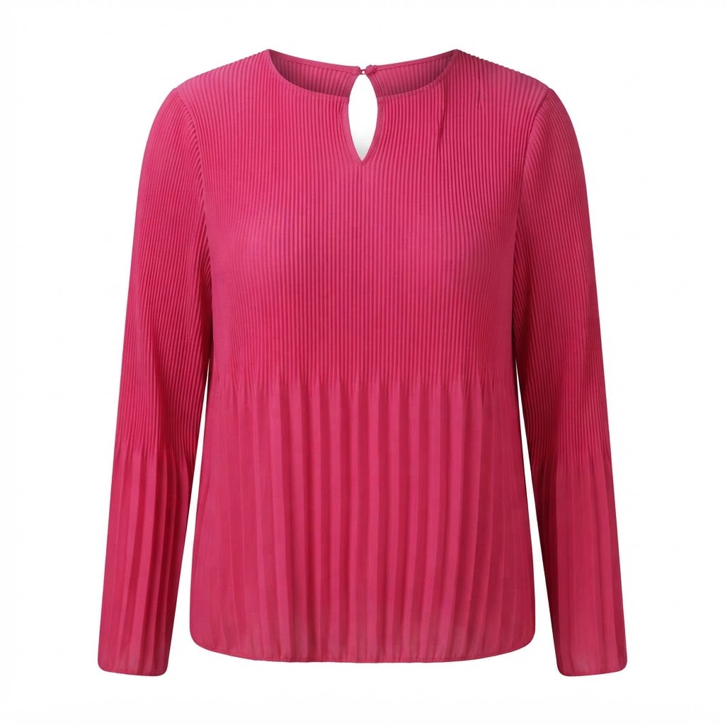 Women's Bright Pink Pleated Long Sleeve Blouse