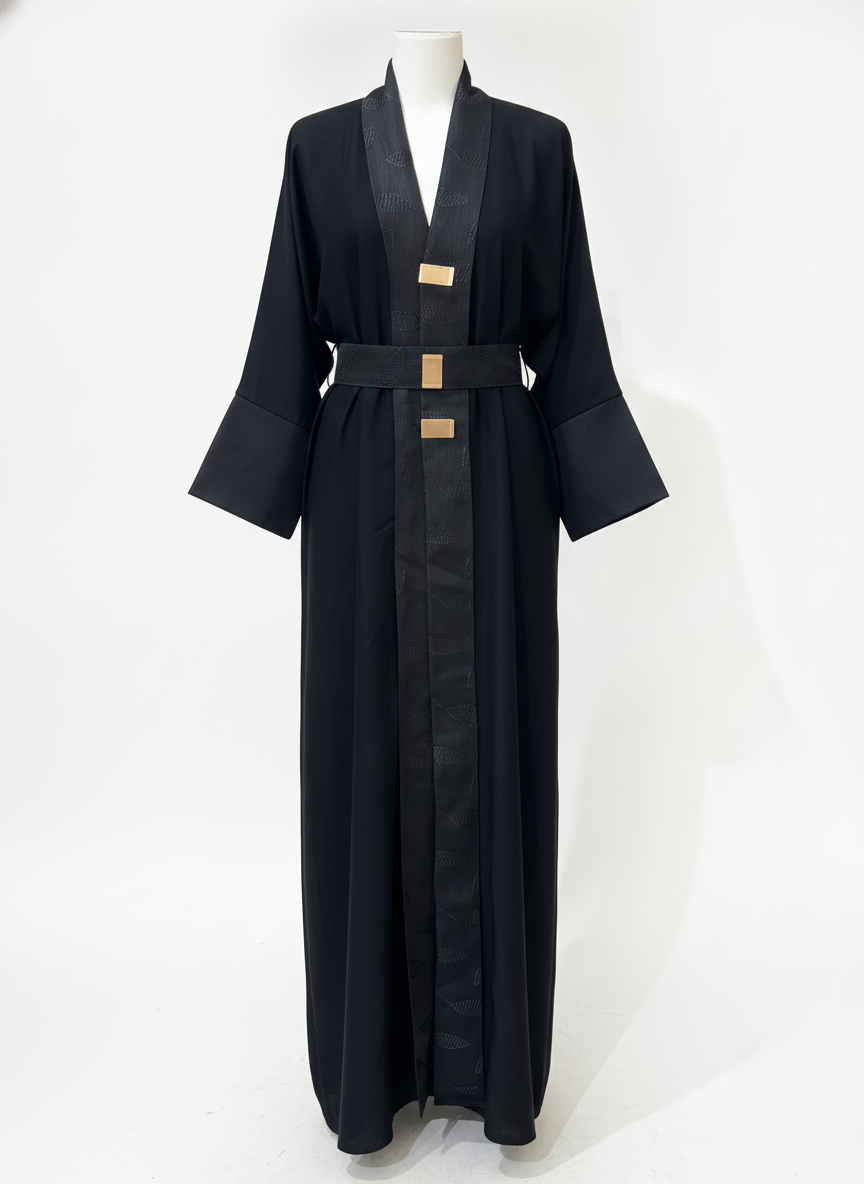 Deep Navy Black Open-Front Abaya with Jacquard Sash