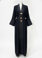 Deep Navy Black Open-Front Abaya with Jacquard Sash
