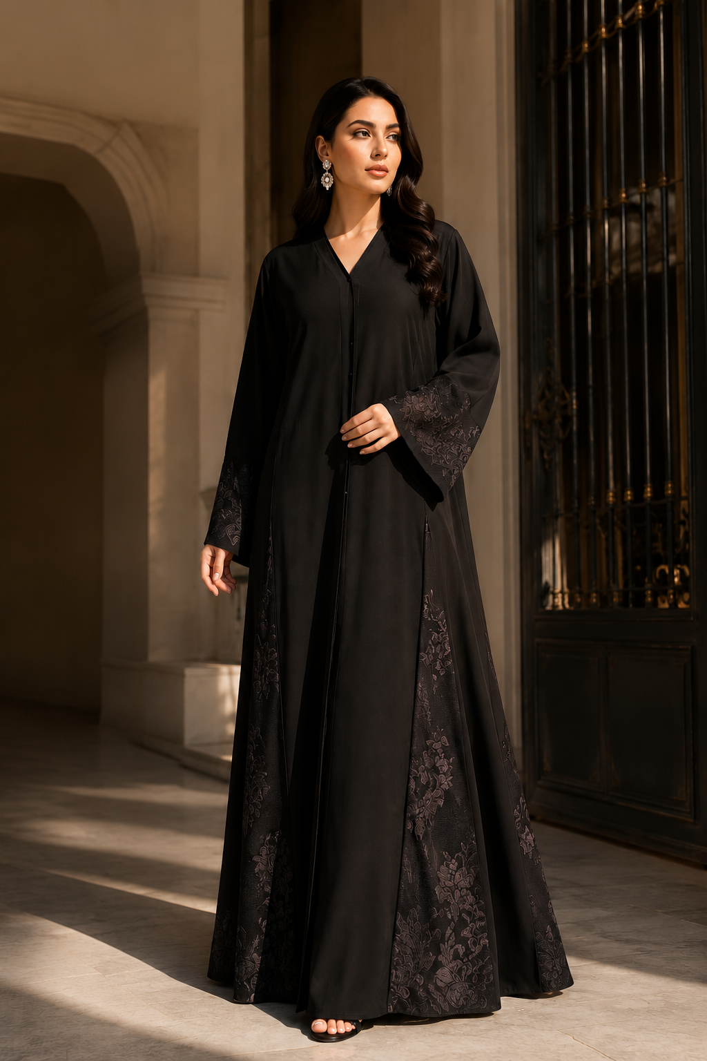 Premium Black A-Line Open-Front Abaya with Floral Lace