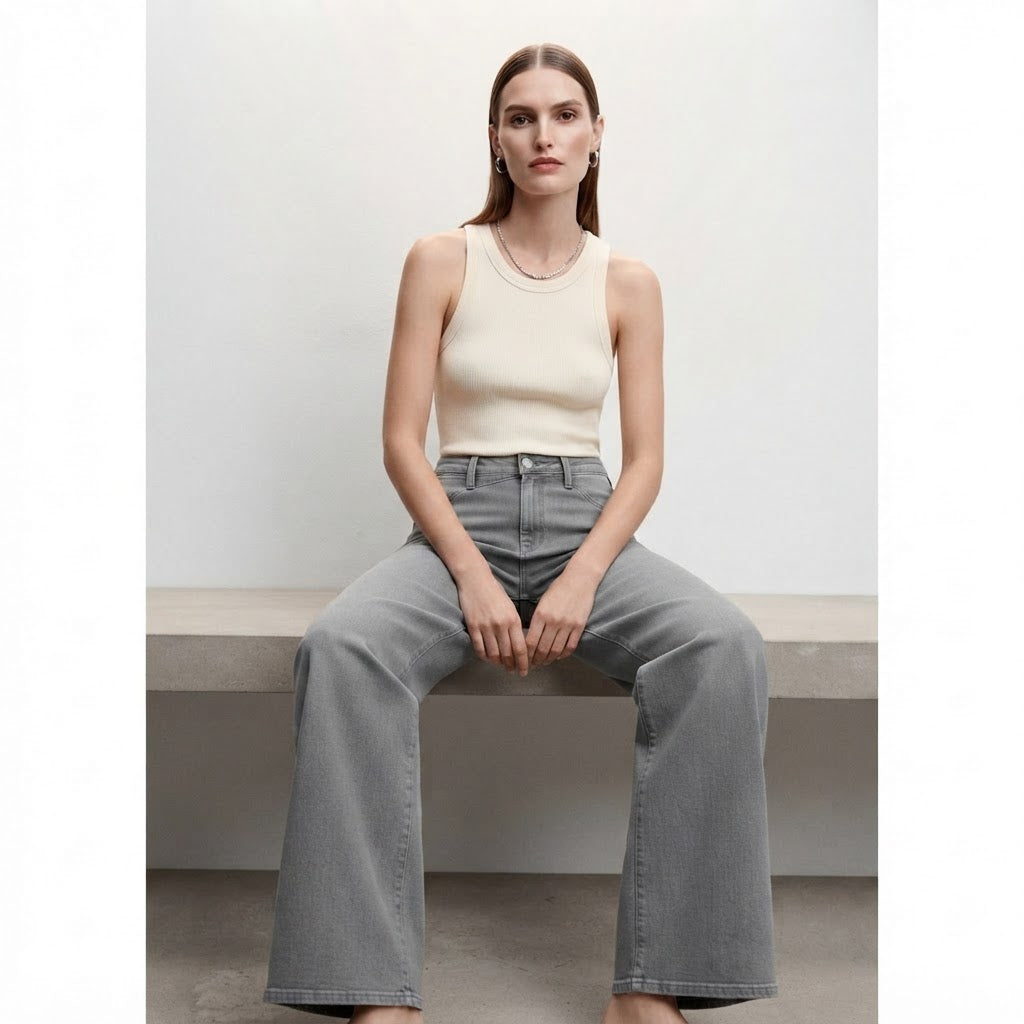 Mango Grey Wide-Leg Denim Jeans with Architectural Waistband