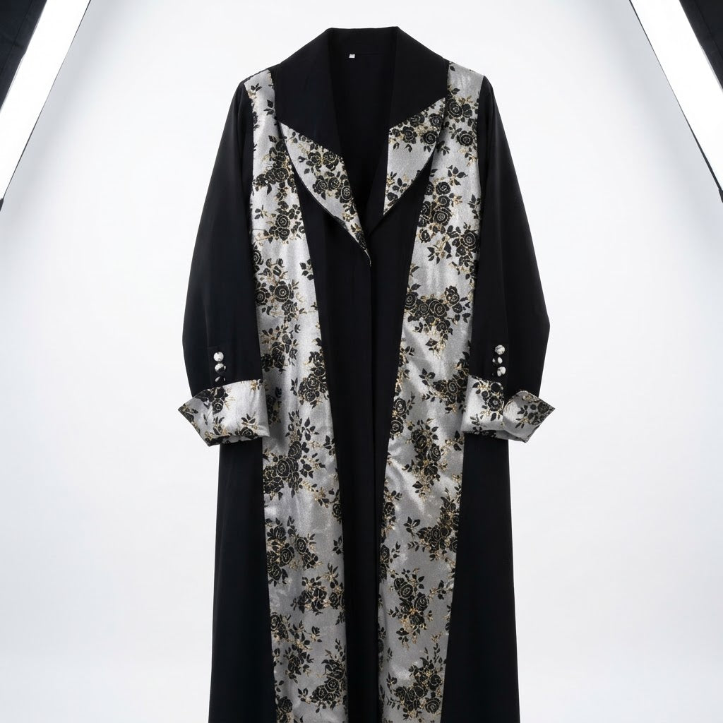 Women's Black and Silver Floral Patterned Long Abaya