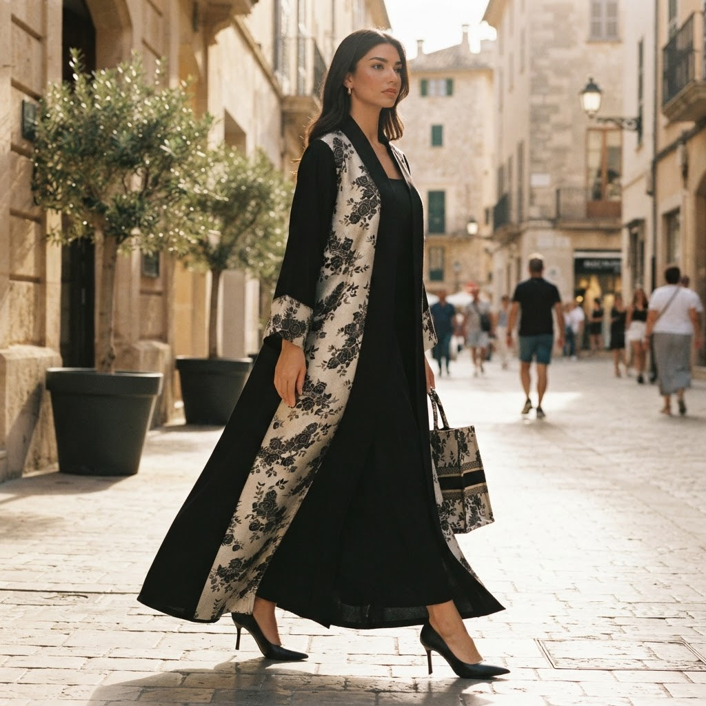 UNIQUE ABAYA Unique Abaya Black & Gold Floral Jacquard Open-
