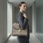 GUCCI Monogram Canvas Top Handle Bag with Web Stripe