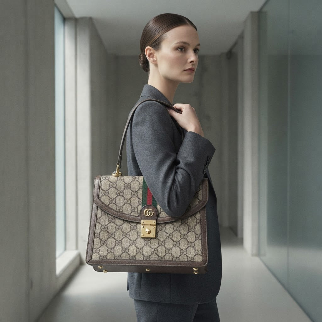 GUCCI Monogram Canvas Top Handle Bag with Web Stripe