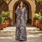 Women's Patchwork Print Embellished Maxi Kaftan Dress