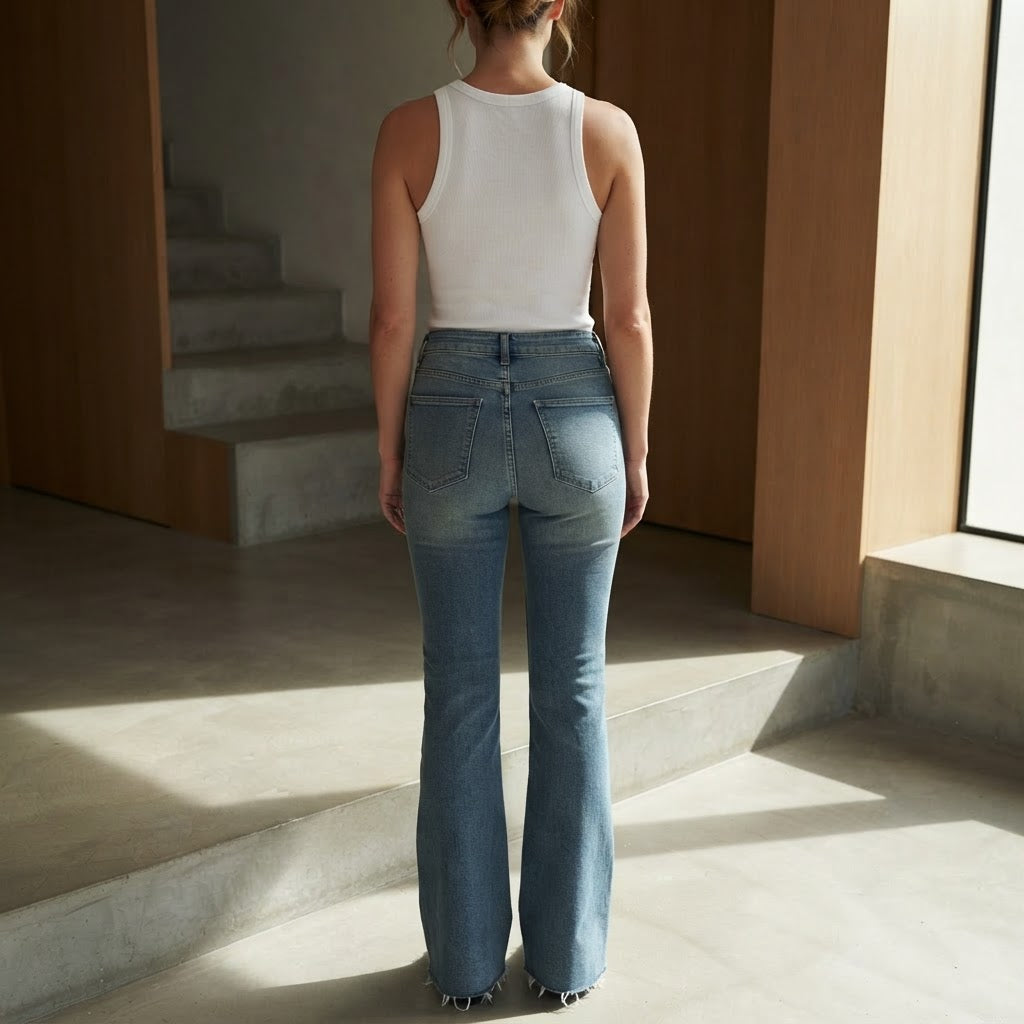 BERSHKA Mid-Blue High-Rise Long Flare Jeans with Raw Hem