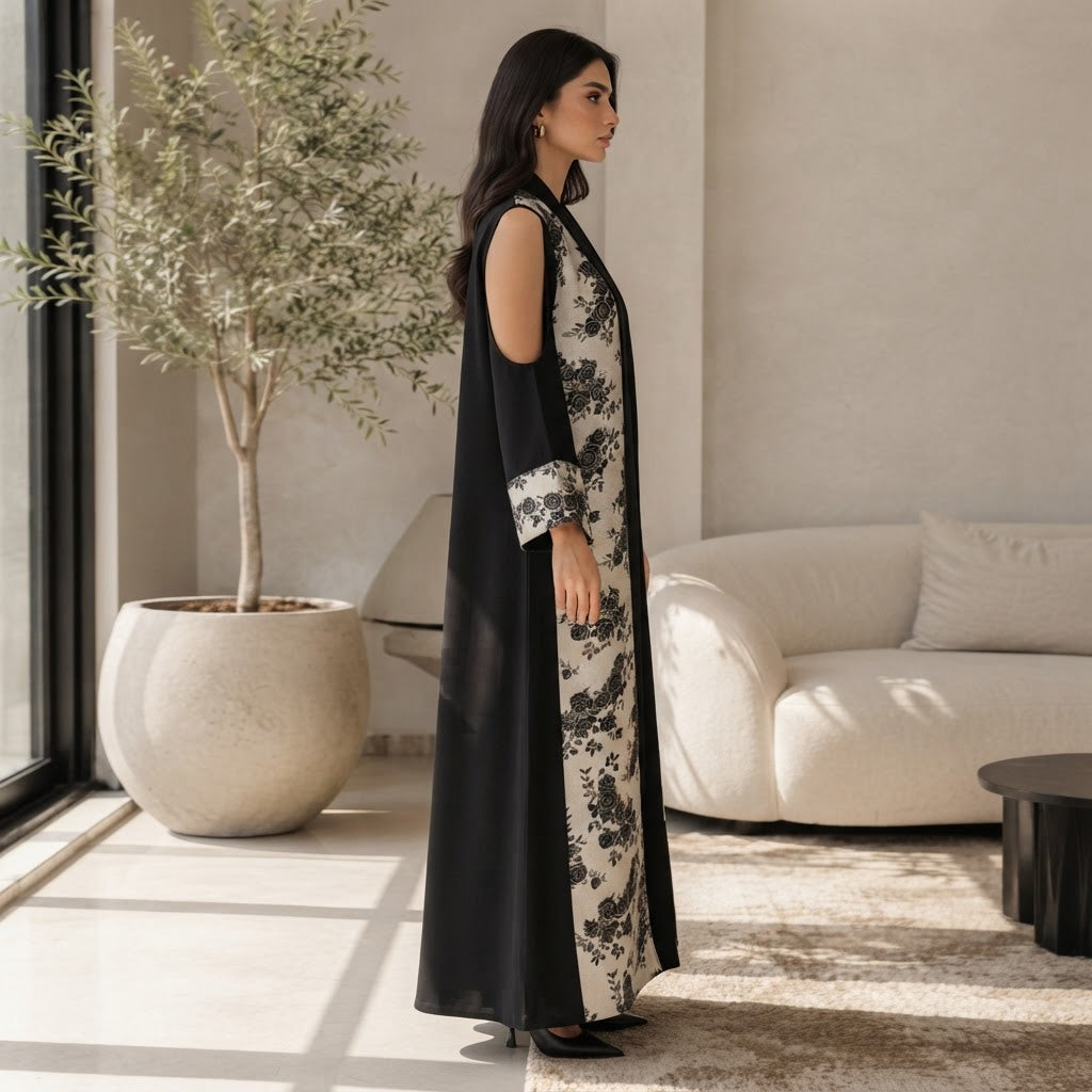 UNIQUE ABAYA Unique Abaya Black & Gold Floral Jacquard Open-
