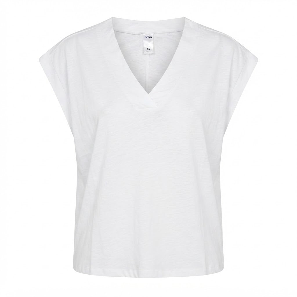 anko White Relaxed Boxy V-Neck Cap-Sleeve Cotton Top