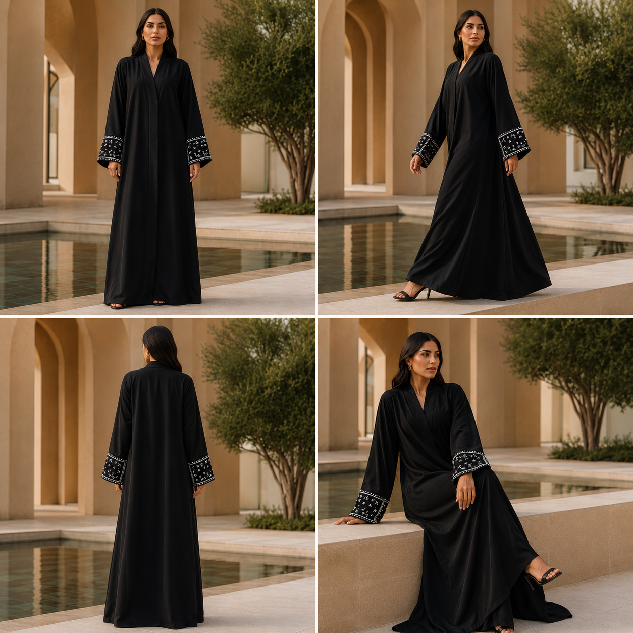 Women's Black Embellished Open-Front A-Line Abaya - Size 56