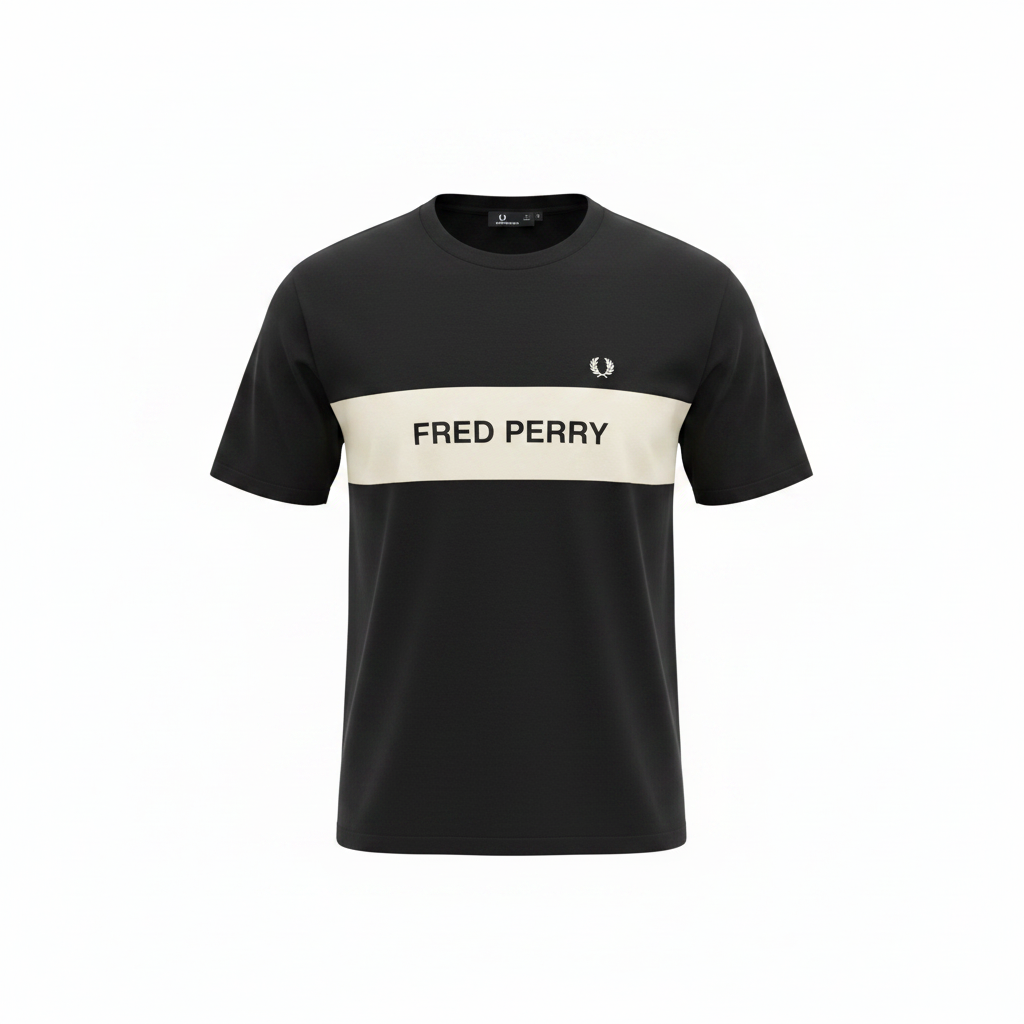 FRED PERRY Men's Black Crew Neck T-Shirt with White Chest St