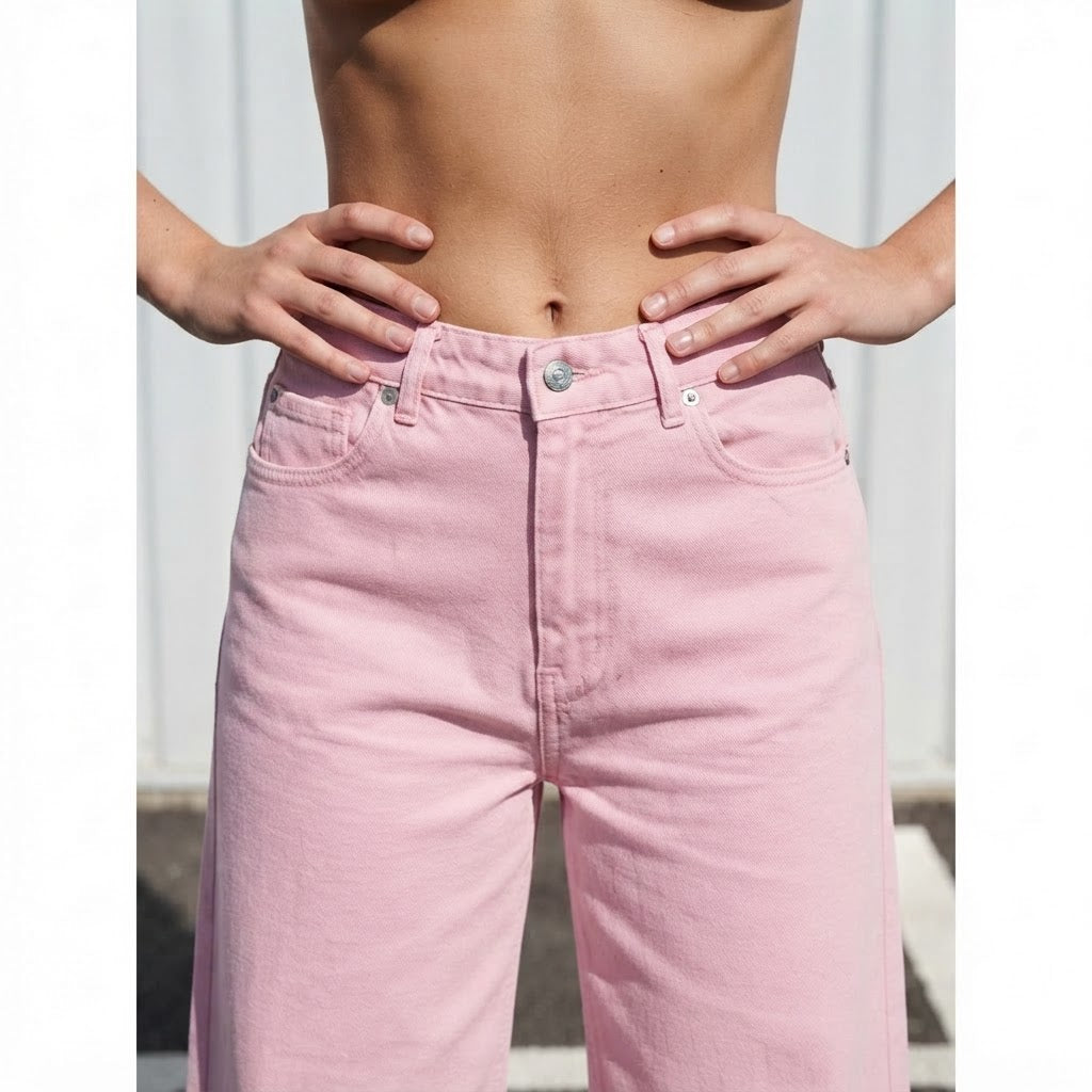 PrettyLittleThing Baby Pink Wide Leg Denim Jeans - Contempor