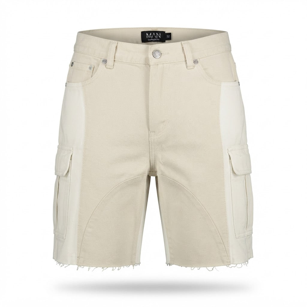 [WearU Generated:merch_ghost] Boohooman Ecru Cotton Twill Colour Block Wide-Leg Cargo Shorts – ghost front view
