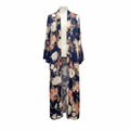 REFAN Women's Navy Blue Floral Long Kimono with Gold Trim