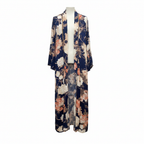 REFAN Women's Navy Blue Floral Long Kimono with Gold Trim
