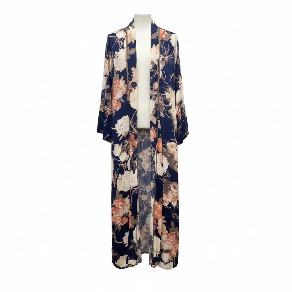 REFAN Women's Navy Blue Floral Long Kimono with Gold Trim
