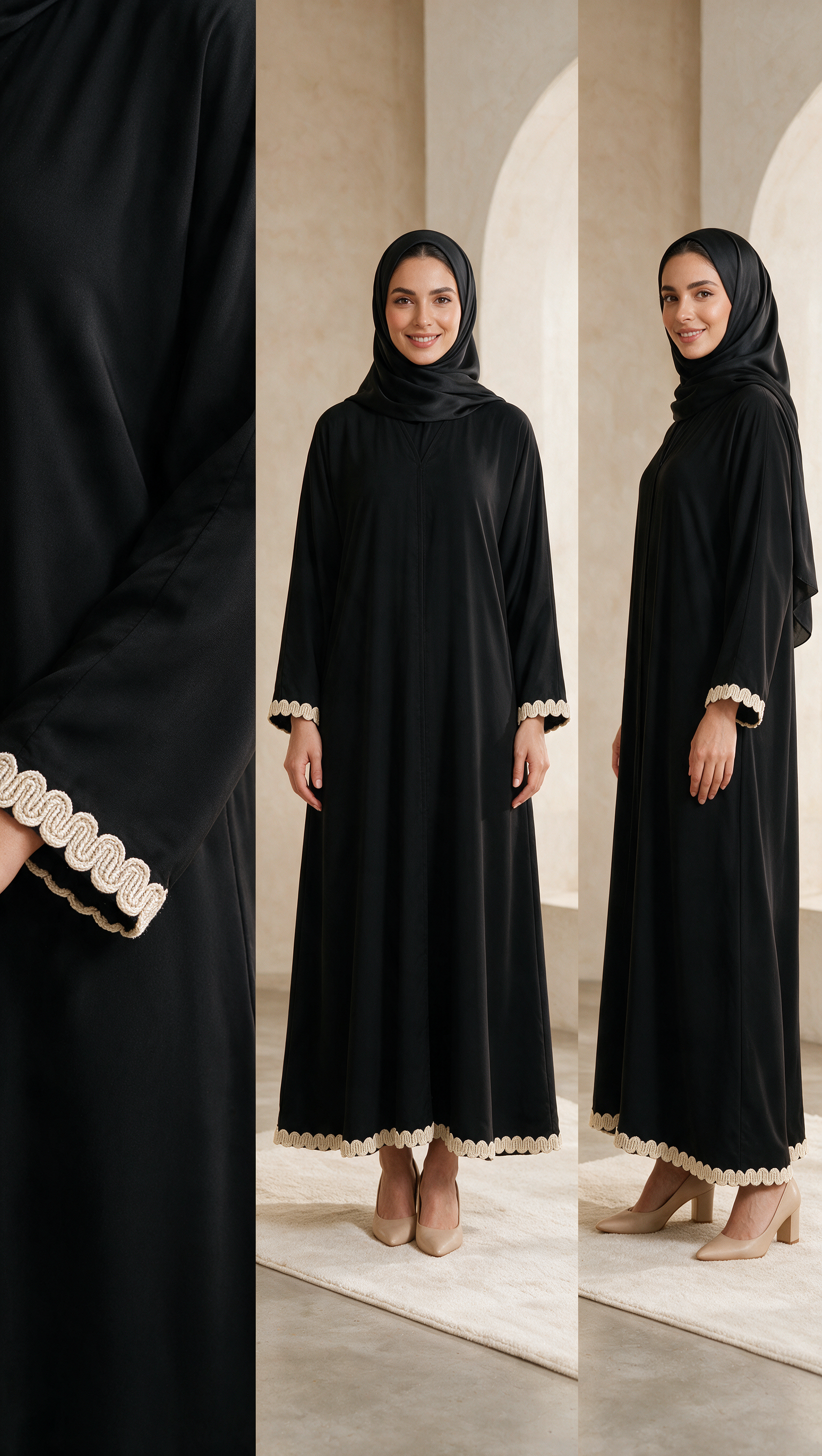 Women's Black Embroidered Kaftan Abaya with Gold Trim